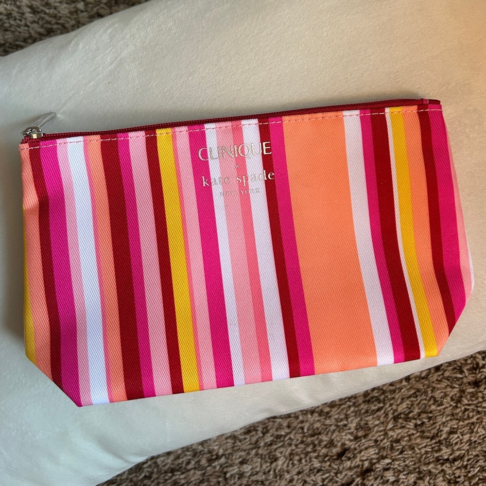 NWOT Clinique x Kate Spade Striped Orange/Pink/Red Travel Cosmetic Makeup Bag